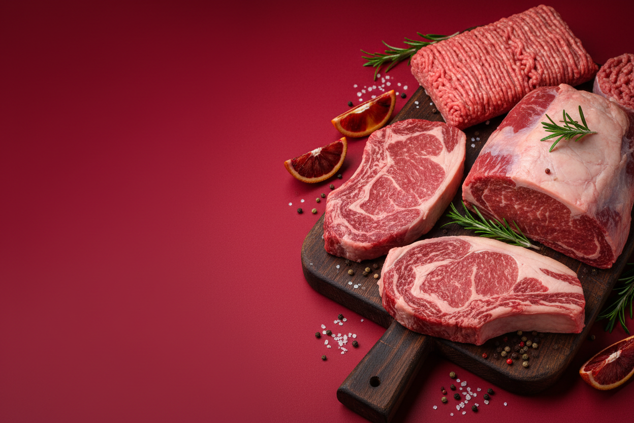 I am looking for an red background image with some meat on the right hand side. I need space on the left hand for text, so please leave that empty.